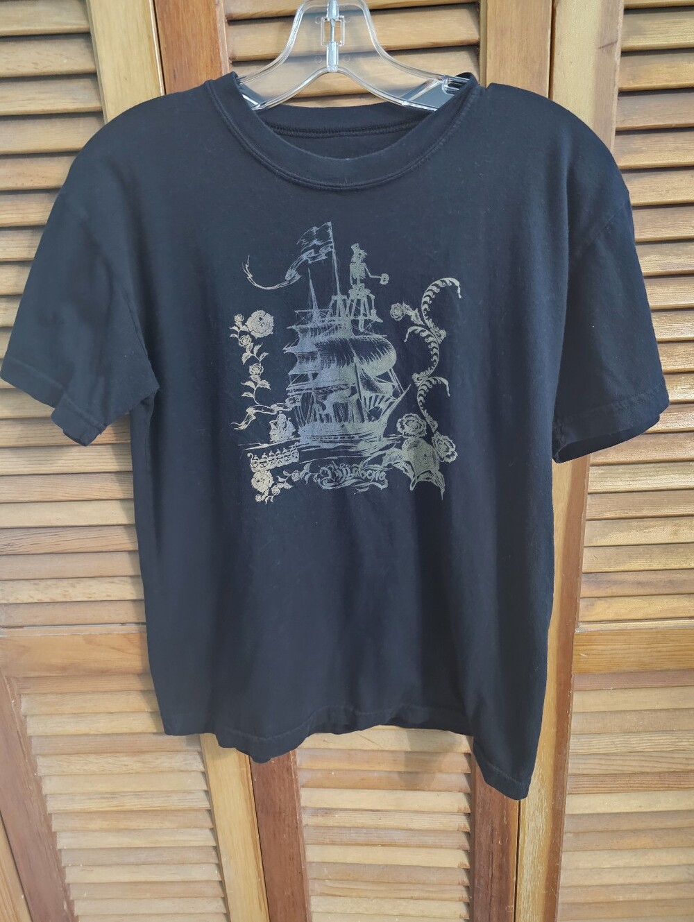 Billabong Vintage Black Graphic T-Shirt Sailing Pirate Ship Size Large